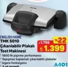 ENGLİSH HOME TMK 5010 ÇIKARILABİLİR PLAKALI TOST MAKİNESİ